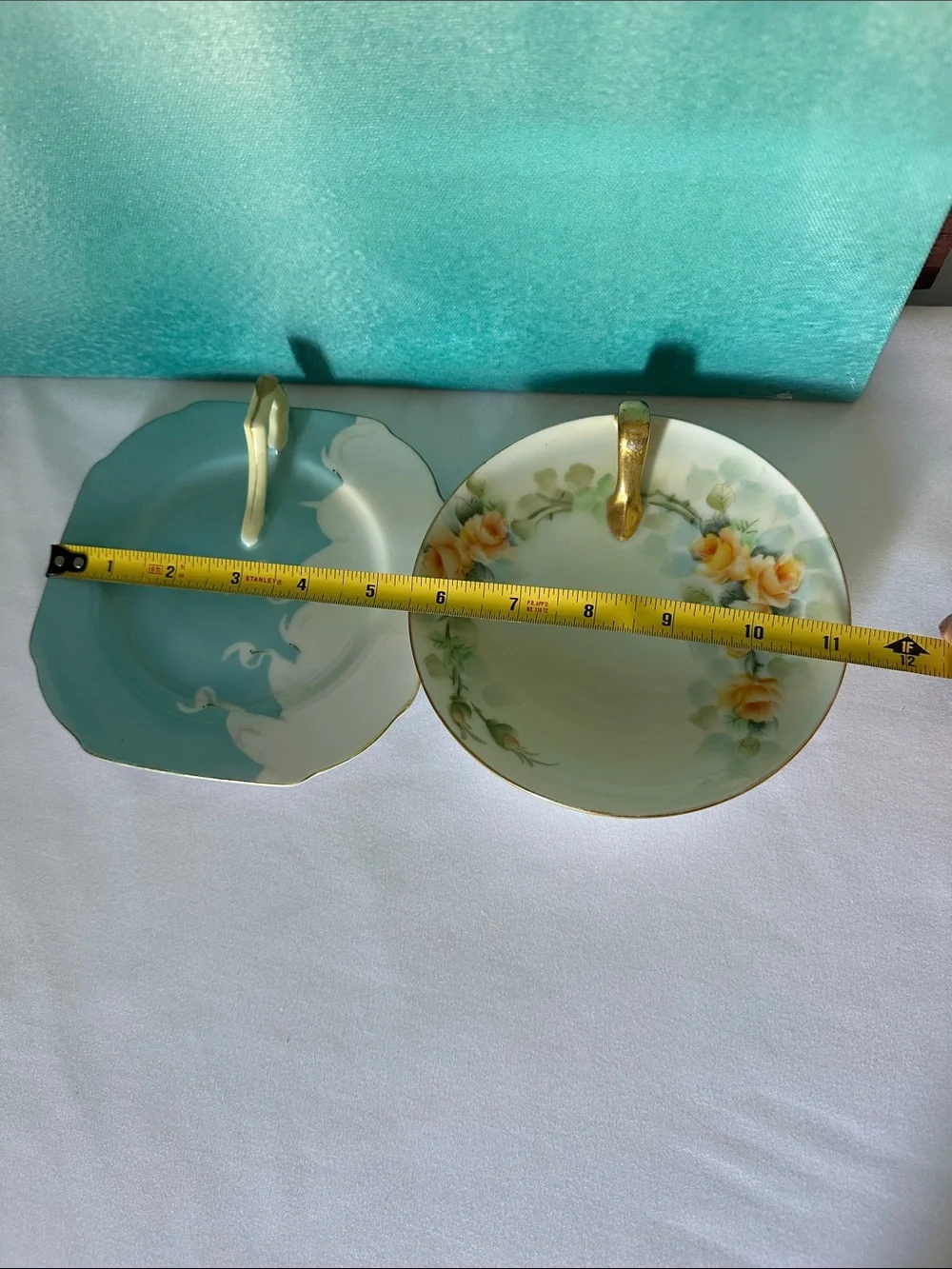 Vintage Floral Two-Tier Handled Serving Dishes - Teal & Cream